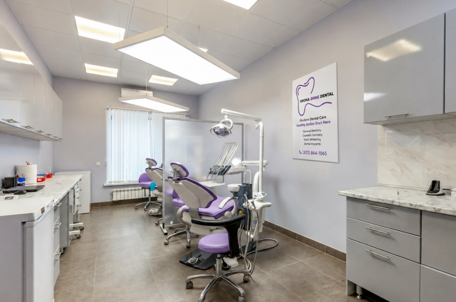 Bright modern Iwona Shine Dental treatment room with purple dental chairs