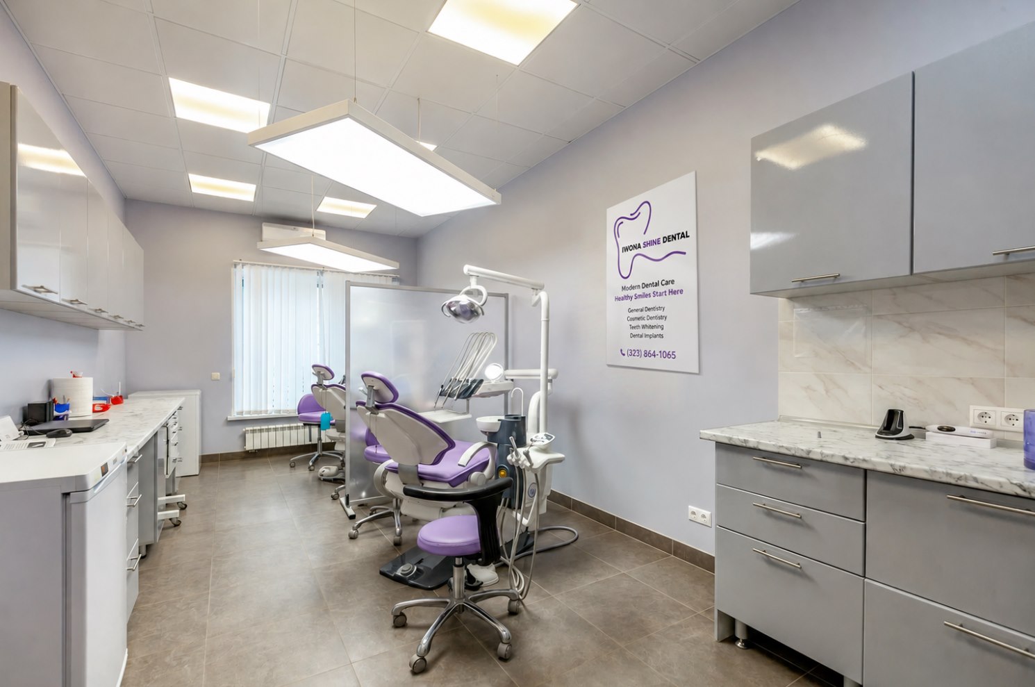 Iwona Shine Dental treatment room with purple dental chairs